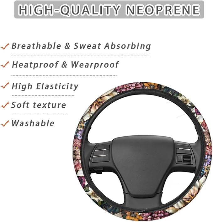 AFPANQZ Boho Flower Pattern Auto Steering Wheel Covers Sweat Absorption Comfort Grip Anti-Slip Safety Stretch-on 14-15 inch Easy Fix Machine Washable Steering Wheel Protection