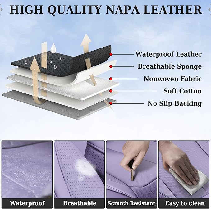 Coverado Universal Seat Covers Front, 2-Pack Universal Seat Covers for Cars, Waterproof Nappa Leather Car Seat Covers with Head Pillow, Auto Protectors Fit for Most Sedans SUV Pick-up Truck-Purple