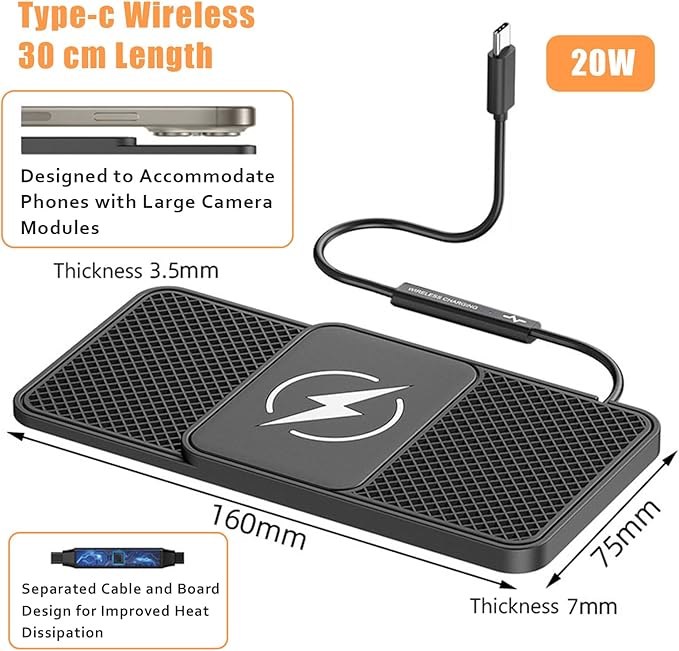 Wireless Car Phone Charger for Lexus RC 300/350/300 F SPORT/350 F Sport, Type C/USB 20W Fast Charging Pad, Non-Slip Charging Station for Travel Home Office Desk, Lightweight,Type-C