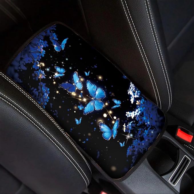 Dreaweet Car Armrest Cover Blue Butterfly Car Accessories Center Console Cover with Pockets,Soft Arm Rest Cover for Car SUV Truck Sedan Van