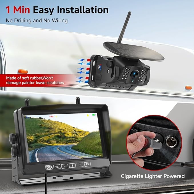 Dual Wireless Magnetic Backup Camera for Trailer - 7” 1080P HD 4CH Monitor with Solar 15000mAh Rechargeable Night Vision Rear Camera, DVR Loop Recording Waterproof No Delay for Truck,RV,Camper