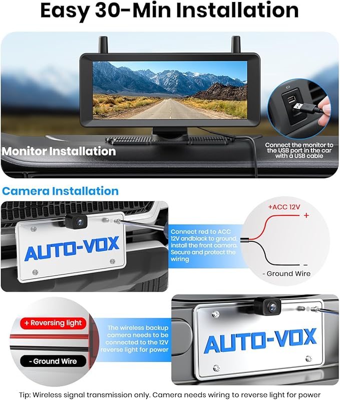 AUTO-VOX 2 Wireless Backup Camera: 7.2" USB-Powered Dual Split-Screen 1080P HD Monitor with DVR Recording, Front and Rear Coverage, Stable Signal, Back Up Camera for Pickup, Trailer, SUV