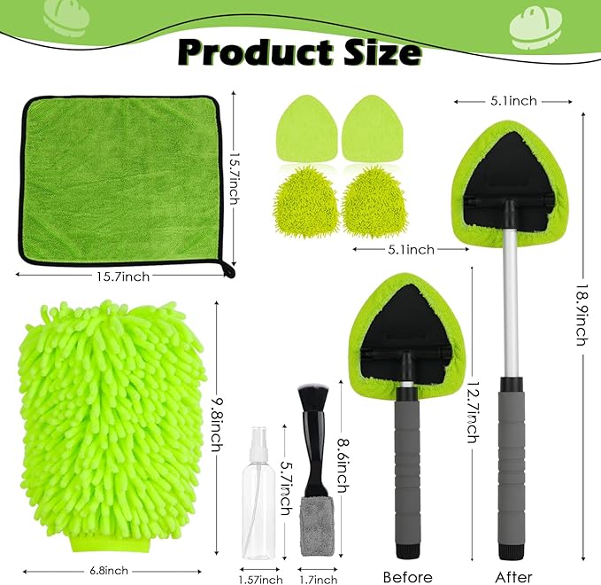 8PCS Windshield Cleaner Tool, Car Windshield Cleaner Tool with Extendable Handle 180° Rotation,Car Window Cleaner with 4 Reusable Microfiber Pads+100ml Spray Bottle+1 Detailing Brush