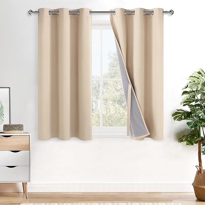XWZO Complete Blackout Shades Window Curtain Panels with Tiebacks- Noise Reduction and Light Blocking Grommet Curtains with Black Liner for Studio, Basement Room, Biscotti Beige, W42 x L45, Set of 2