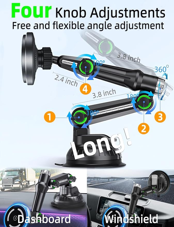 Phone Mount Holder for Truck MagSafe Car Charger, [10-inch long arm] 15W Qi2 Vacuum Magnetic Wireless Car Charging for Pick-Up Windshield Dashboard, Truck Accessories, for IPhone 17 16 15 14 13