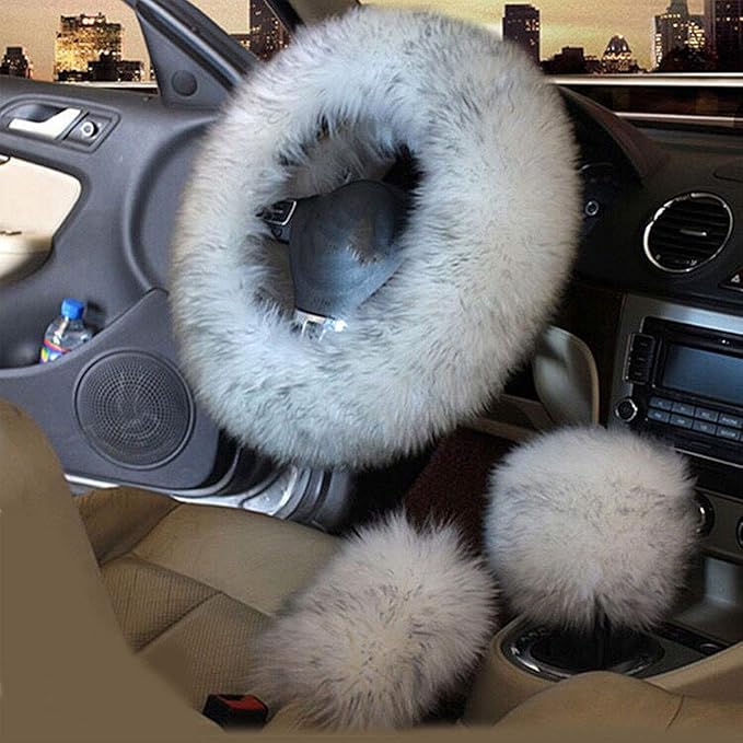 1 Set 3 Pcs Car Steering Wheel Cover & Handbrake Cover & Gear Shift Cover Set Faux Wool Warm Winter (Grey-3pcs)