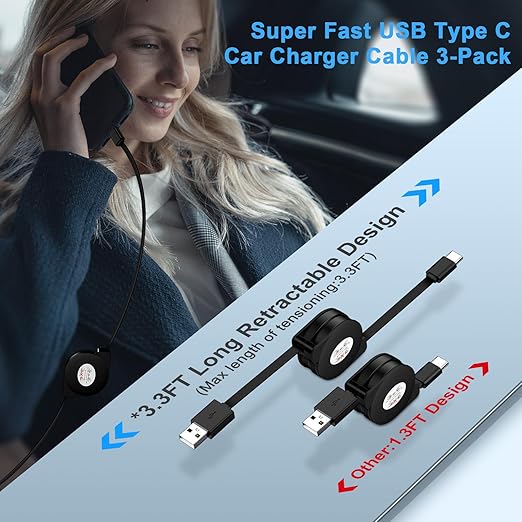 3Pack Car Carplay Cable Fast Charging 3.3FT Retractable USB Type C Android Charger Cord for iPhone 17 16 15,Samsung Galaxy A17/A16/A15/S26 Ultra/S25FE/S24/A35/Z Fold7/A54,Pixel 10Pro 9a,Moto Edge 2025