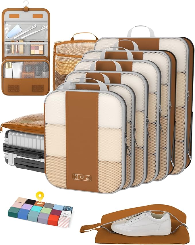 10 Set Compression Packing Cubes for Travel Essentials,Compressible Expandable Packing Cubes for Suitcase,OlarHike Luggage Organizer Bags for Travel,Handy Helper for Organizing Clothes(Brown)