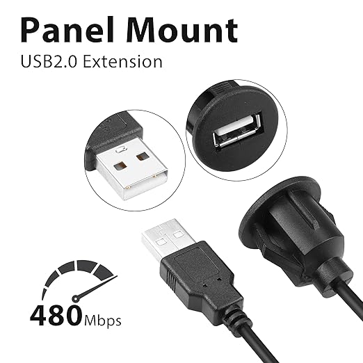YACSEJAO USB Flush Mount Cable USB 2.0 Dashboard Panel Dash Mount Extension Cable with Buckle for Car Truck Boat Motorcycle Dashboard, 1m