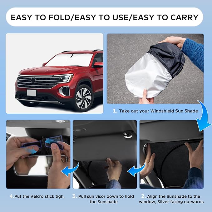 Sun Shade Sunshade for Volkswagen Atlas 2018-2025 2026 Windshield Cover, 4-Layers Sun Shield 250T Silver Coating Sun Visor for VW Atlas Cross Sport Foldable Window Shade Blocks UV Rays Accessories