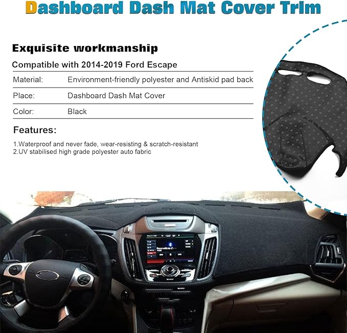 x xotic tech Center Console Dashboard Mat Pre-Cut Non-Slip Sunshield Sun Glare Protector Dash Carpet Pad Black Cover Compatible with Ford Escape 2014-2019
