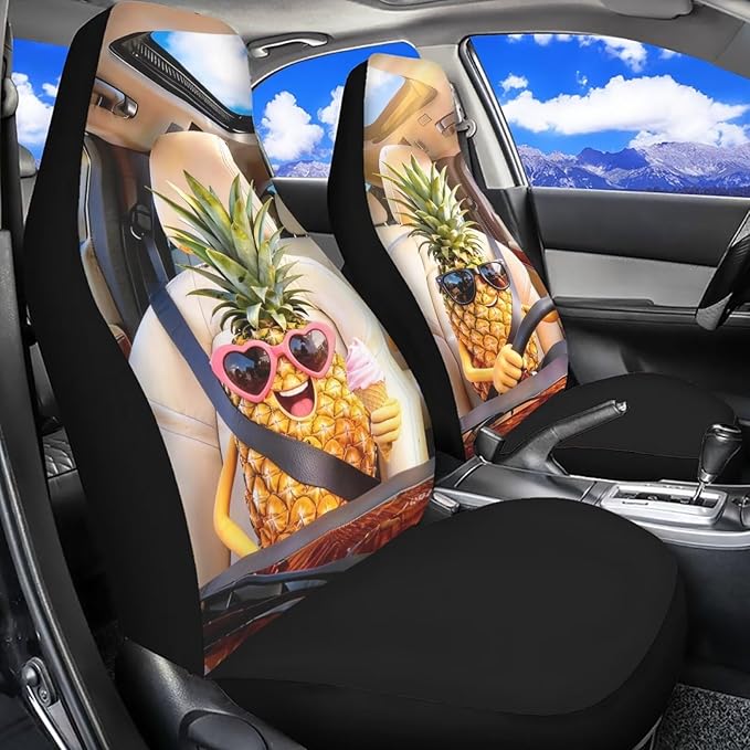 Pineapple Car Seat Covers Set of 2 Funny Breathable Front Seat Covers Stretch Polyester Fabric Cover Removable Automotive Accessories Universal Fit for Cars SUV Sedans