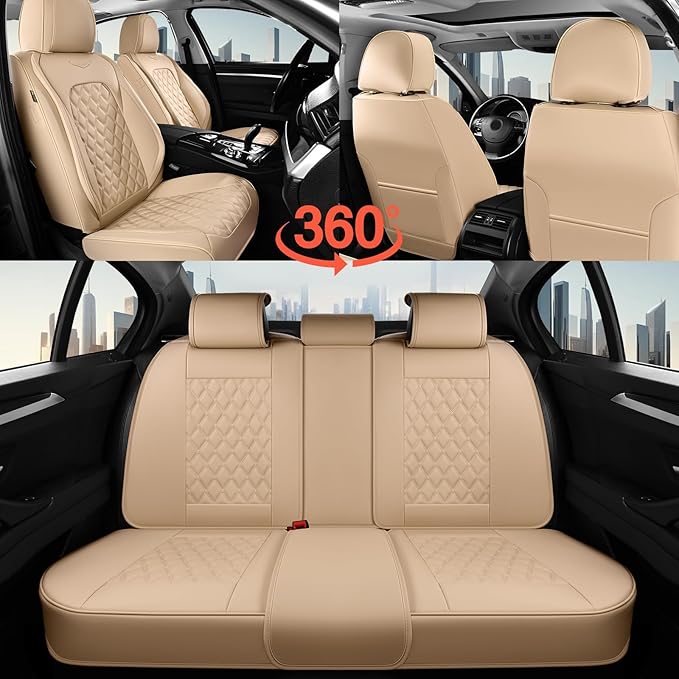 Coverado Full Set Leather Car Seat Covers, Waterproof Faux Leather Seat Covers, Beige Car Seat Protectors, 5 Seats, Universal Fit for Most Cars & SUVs-Beige