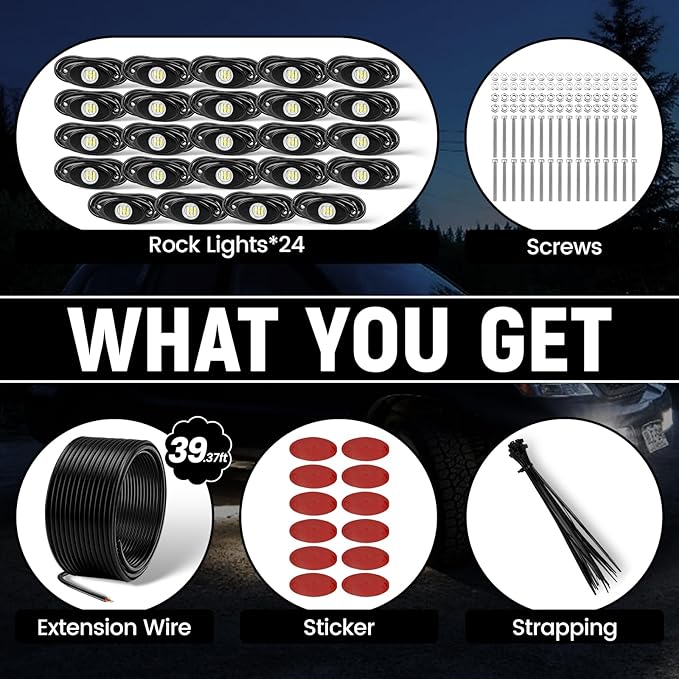 YONEDA 24 Pods White Rock Lights 6000K 9LED Ultra Bright LED Underglow Lights IP68 Waterproof for Trucks SUV UTV ATV RZR Car Boats Pickup Motorcycle with 39.37ft Extension Wire