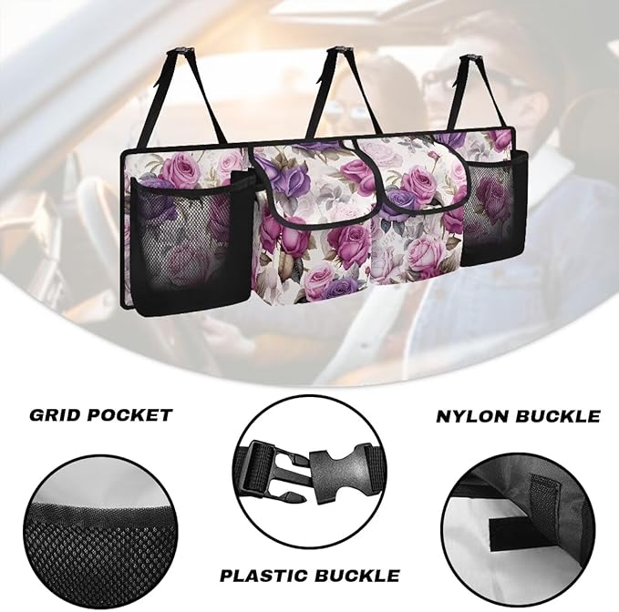 Pink Purple Rose Backseat Trunk Organizer for Car Organization Women Large Capacity Cargo Bag,4 Compartments,Car Accessories
