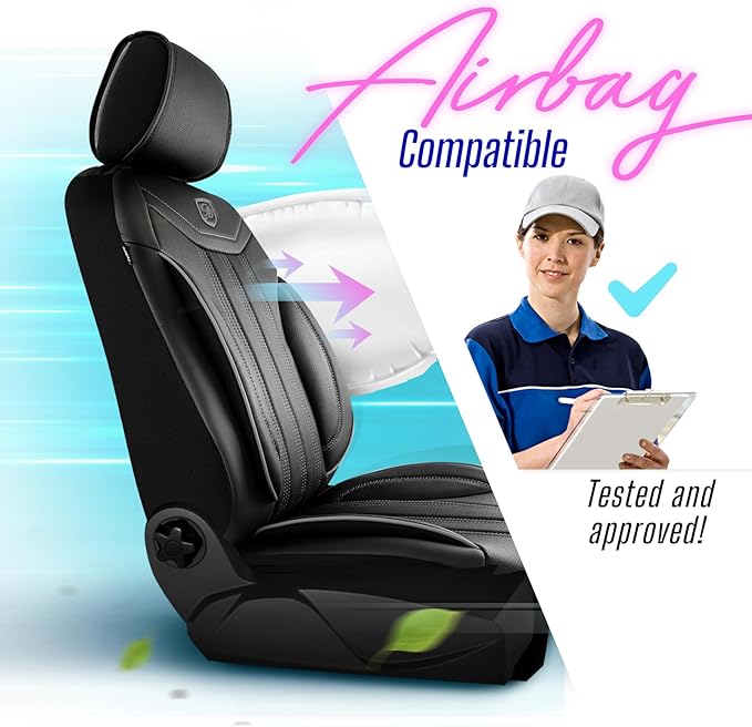 Premium Car Seat Covers Front Seat - Nappa Leather Car Seat Cover for SUV, Cars, Most Pickups, Black-Grey Stitching, Car Seat Protector, Car Seat Covers Front Seats, Car Seat Protector