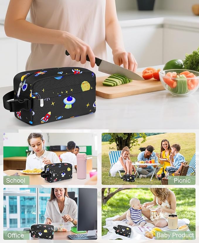 Small Insulated Snack Bag Lunch Bag for Kids Lunch Box for Women/Men, Collapsible [3L/5-Can] Reusable Lunch Bag Cooler Bag for Bottle with Handle Buckle for Work/School,Planet Astronauts