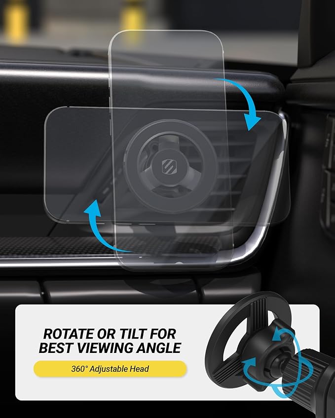 Scosche MagSafe Car Mount Vent, Magnetic Phone Holder for Car with Strong Magnets and Secure Twist-Lock Vent Clip, 360° Rotatable Car Phone Holder for iPhone 17 16 15 14 13 12, Includes Magnetic Ring