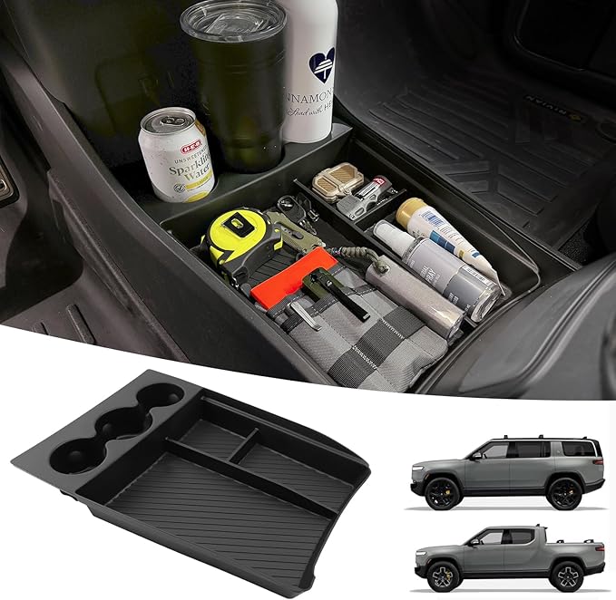 Lower Center Console Organizer for 2022-2026 Rivian R1T & R1S Accessories, Floor Console Storage Tray Insert with Cup Holder