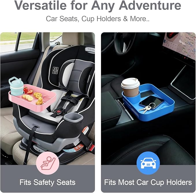 [Pink+Blue] Car Seat Snack Tray for Toddlers - 3 Inch Cup Holder Fits Most Sippy Cups & Straw Bottles with Dip Well, Mess-Free Square Kids Travel Tray Road Trip Essentials, Blue & Pink