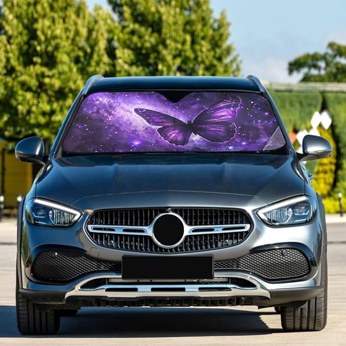 Car Windshield Sun Shade Butterfly Purple Galaxy Foldable UV Ray Sun Visor Protector Sunshade to Keep Your Vehicle Cool 55" x 27.6"