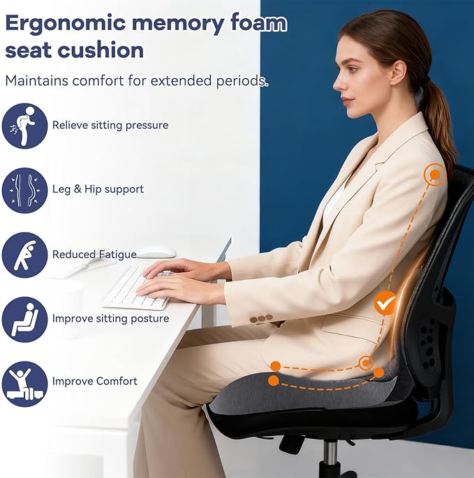 Ergonomic Seat Cushion for Office Chair & Car - Memory Foam Car Cushions for Driving with L-Shaped, Non-Slip Bottom - Orthopedic Pad for Truck Driver (Dark Grey)