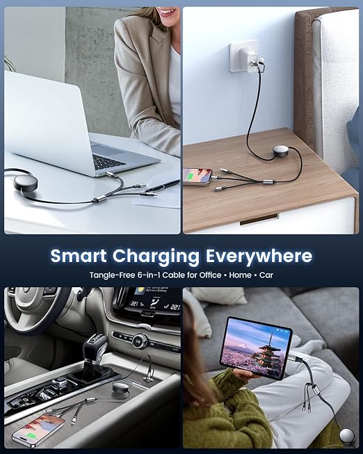 CAFELE Multi Charging Cable 100W Retractable USB C Cable, 6-in-1 Dual Type C and 27W L 5A Fast Charger Cord for Phone 16 15 14, Galaxy S24 S23, MBook, Pad and Multiple Devices (4.3ft)