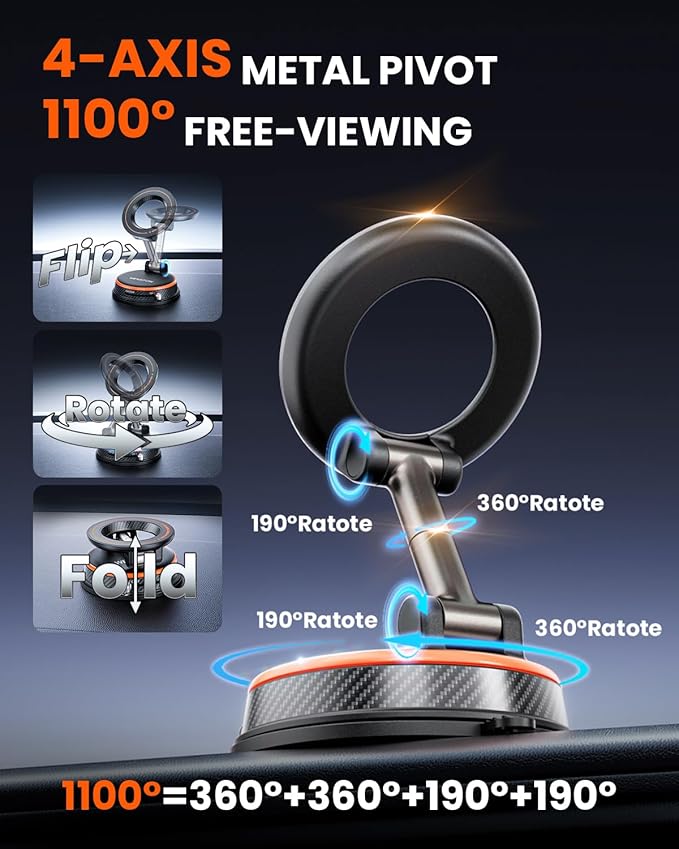 2026 Upgraded Vacuum Magnetic Car Phones Holder for Magsafe [120LBS Ultra Suction Cup & 3000gf Magnet ] 1100° Adjustable Cell Phone Mount for Your Car/Gym/Mirror for iPhone 17 16 15 14 13 12 Series