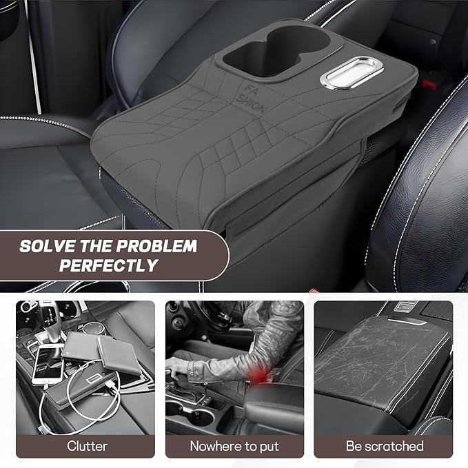 Car Center Console Armrest Pillow, 13.4"×7.5"×2" Leather Auto Arm Rest Cover with Pocket & Tissue Box & Cup Holder, Multifunctional Vehicle Armrest Cushion Pad, Car Accessories (Gray)