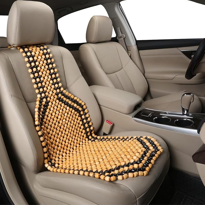 Breathable Wood Beaded Seat Cushion, Cooling Double Strung Auto Back Massaging Driver Seats Cover for Fatigue Relief, Comfort Ventilated Support Cushion for Car Seat Chair (Beige)