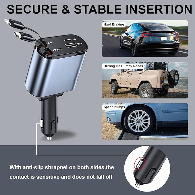 Retractable car Charger USB C, 4 in 1 Fast Car Phone Charger 120W, USBC and Lightening Car Adapter, iPhone 16 pro car Charger, Compatible with iPhone 16/15/14/13/12/11- Pro Max, Galaxy, Pixel
