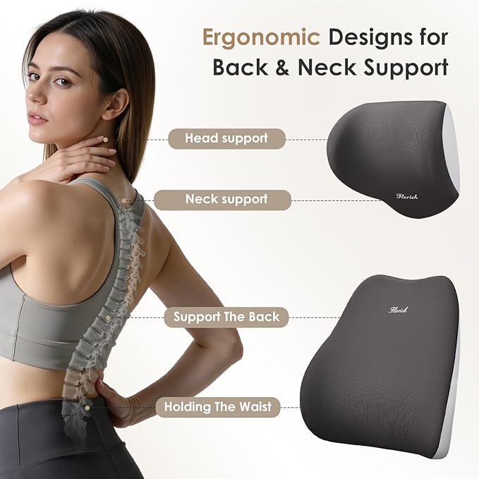 FLORICH Car Seat Cushion & Lumbar Support Pillow & Car Neck Pillow, Ergonomic Memory Foam Driving Seat Cushions for Back & Sciatica Pain Relief, Non-Slip Cushion for Car, Office Chair,Wheelchair-Gray