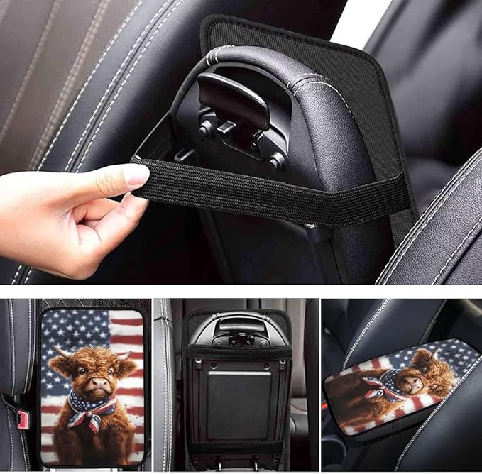 Highland Cattle Print Car Center Console Armrest Cover American Flag Print Armrest Box Cover Center Console Pad Universal Car Interior Decor for Truck Sedan SUV