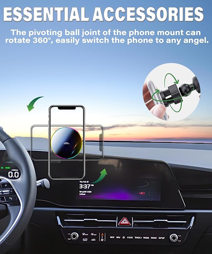 Car Phone Holder for Kia NIRO/NIRO EV/NIRO Hybrid 2023 2024 2025 Accessories 15W Fast Wireless Charger Screen Fixed Clip HandsFree Cell Phone Mount 360° Rotation (10.25 Inch)
