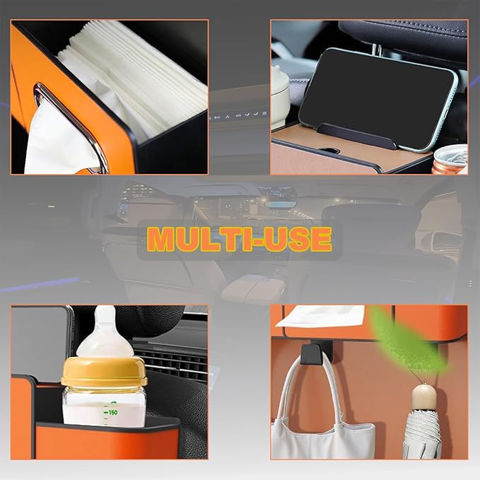 Car Back Seat Organizer, Multifunctional Car Seat Back Storage Box with 2 Cup Holders, Tissue Box for Hold Phones,Snacks, Drinks, Handbags (Orange)