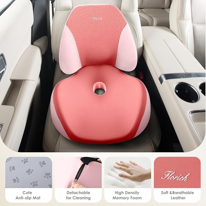 FLORICH Upgraded Ergonomic Memory Foam Car Seat Cushion with Lumbar Support, Non-Slip, Washable Driving Seat Cushion for Back & Sciatica Pain Relief, Large Car Seat Cushion Driver, Office-Pink