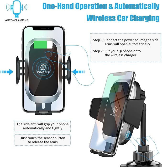 WixGear Wireless Car Charger, Auto-Clamping Fast Wireless Car Charger, Cup Phone Holder for Car, 10W Qi Fast Charging Compatible iPhone 11, Xs/MAX/XS/XR/X/8/, Samsung S10/S9/S8 Full Automatic Arms