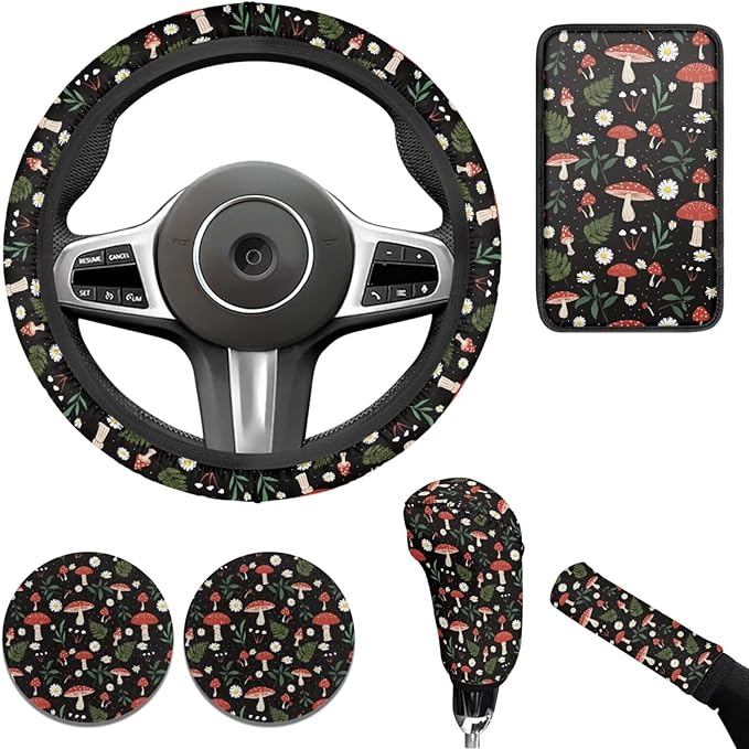 Small Mushroom Car Accessories for Women 6 Pcs Steering Wheel Cover Protector Set Cup Coaster Car Armrest Cover Fits Most Cars Trucks Vans and SUV
