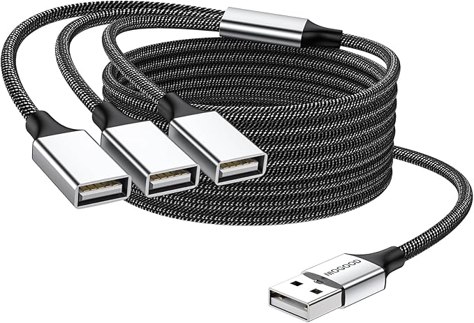 MOGOOD 3 in 1 USB Splitter Cable 2M, USB 2.0 Hub 1 Male to 3 Female Extension Cord, Multiport Adapter for Charging & Data Transfer, Compatible with Laptop, Mac, PC, PS4, Xbox, Switch, TV