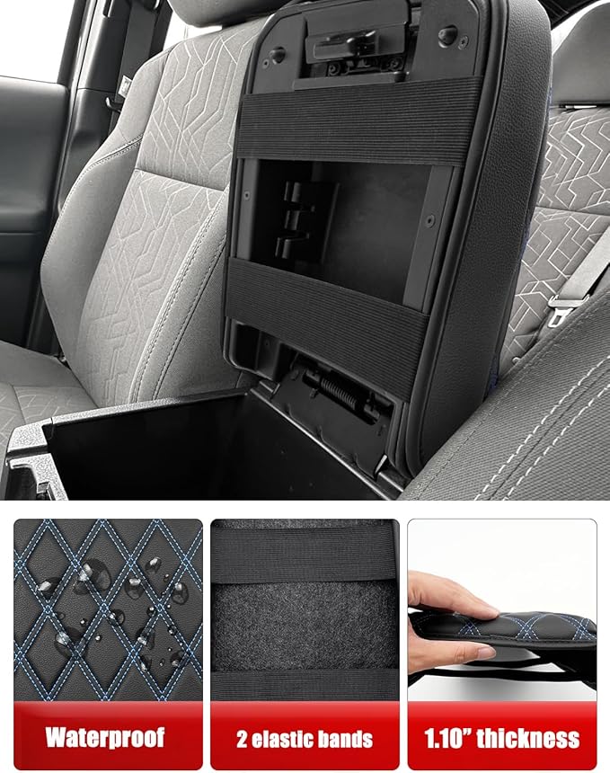 Center Console Armrest Cover for Toyota Tacoma 2016-2023, Middle Console Cushion Pad, Arm Rest Lid Covering, Vinyl Leather Interior Accessories, Black-Blue Stitches
