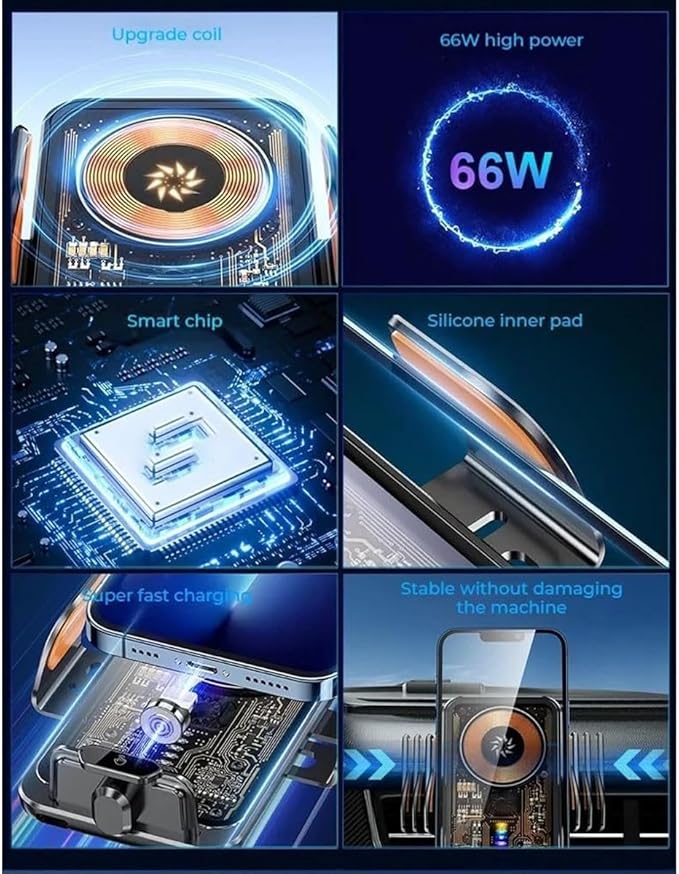 Chirsfairy 66W Fast Car Wireless Charger, 2024 New 66w Car Navigation Support Frame, Super Fast Charge Car Phone Holder, Automatic Clamping Induction Car Mobile Holder, Charging Phone Holder(Gold)