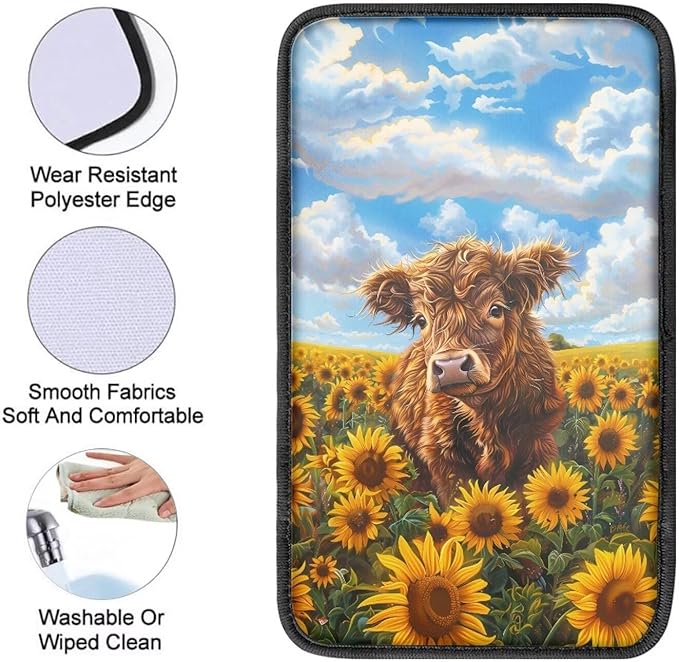 Highland Cow Car Center Console Armrest Cover Pad Universal Decorative Armrest Cover Pad Cute Cow Automotive Accessories Decoration for Truck Sedan SUV