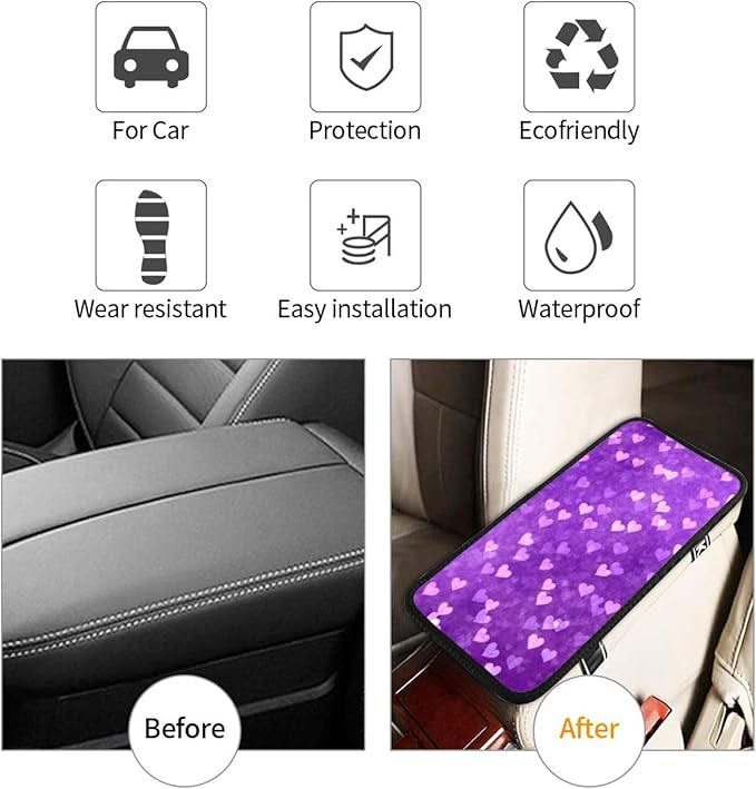 Heart Purple Car Center Console Cover Universal Car Armrest Cover Waterproof Auto Armrest Seat Box Mat Protector Decoration Car Center Console Cushion Pad for Most Vehicle SUV Truck