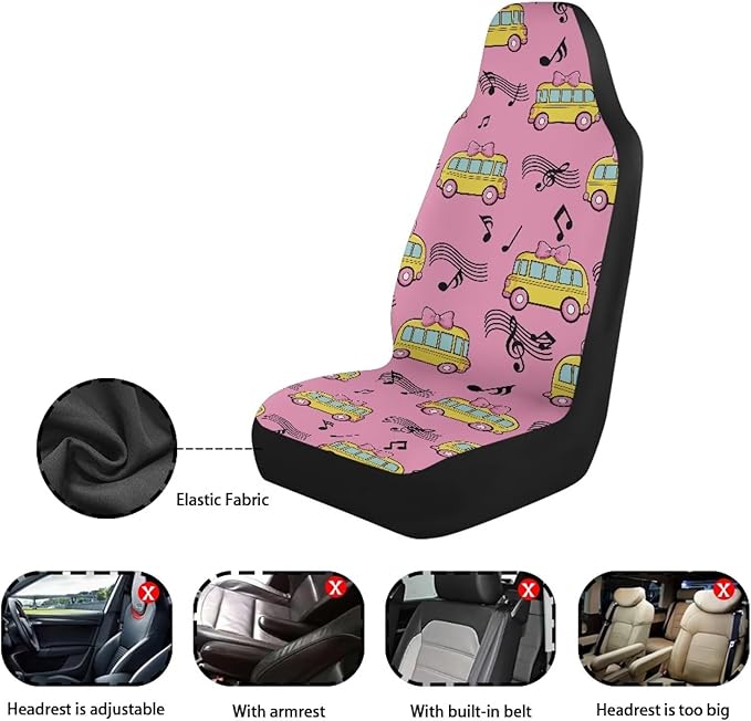 Car Seat Covers 2 Pcs Breathable School Bus Pink Car Seat Cover Stretch Polyester Fabric Cover Removable Automotive Accessories Universal Fit for Most Cars,SUV, Trucks