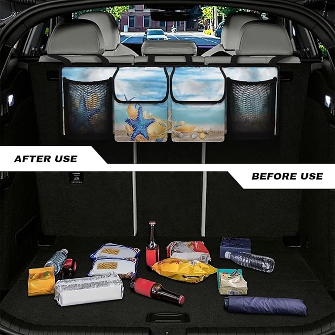Foldable Car Backseat Trunk Organizer Beach Starfish Conch Collapsible Cargo Bag for SUVs&Sedans Auto Hanging Seat Back Storage