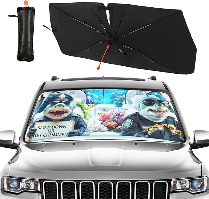 CHILL·TEK Funny Animal Car Windshield Sun Shade Umbrella, Funny Sharks Car Sun Shade Umbrella, Block UV Rays Heat Foldable Windshield Umbrella Sun Visor Protector - Keep Vehicle Cool for Cars SUV