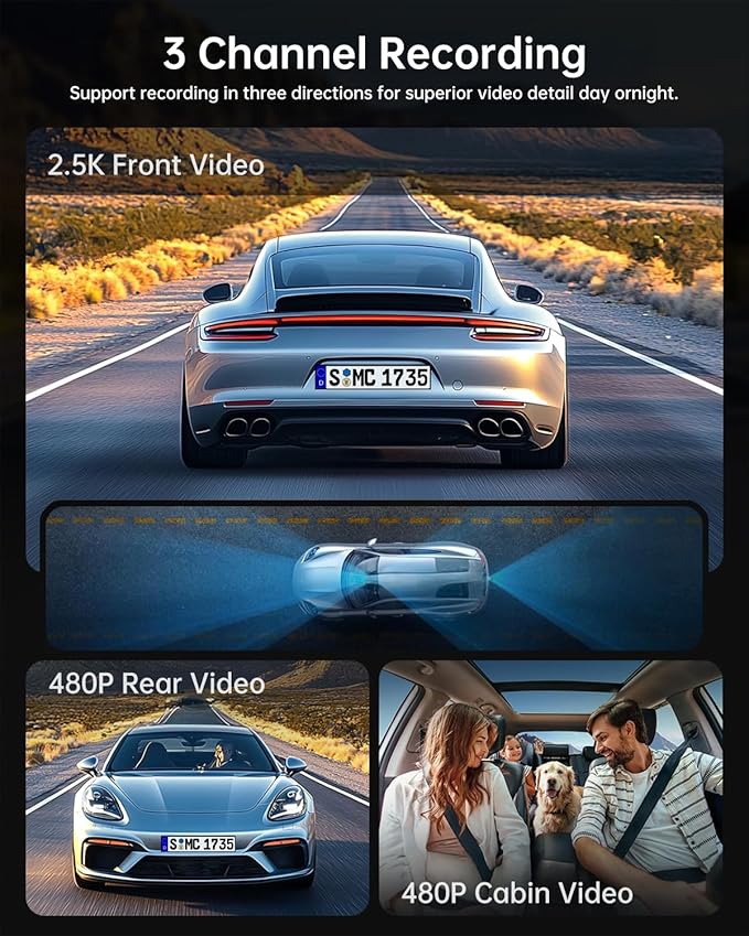 3 Channel Dash Cam Front and Rear, 1080P Dash Camera for Cars, Dashcam Three Way Triple Car Camera with IR Night Vision, Loop Recording, G-Sensor, HDR, 24 Hours Recording