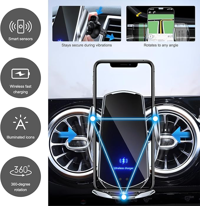 Wireless Car Charger, 15W Fast Charging Mount Electric Induction Car Phone Holder, Universal Auto-Clamping Magnetic Charger Air Vent Mount Bracket for Most Smartphones (Black)