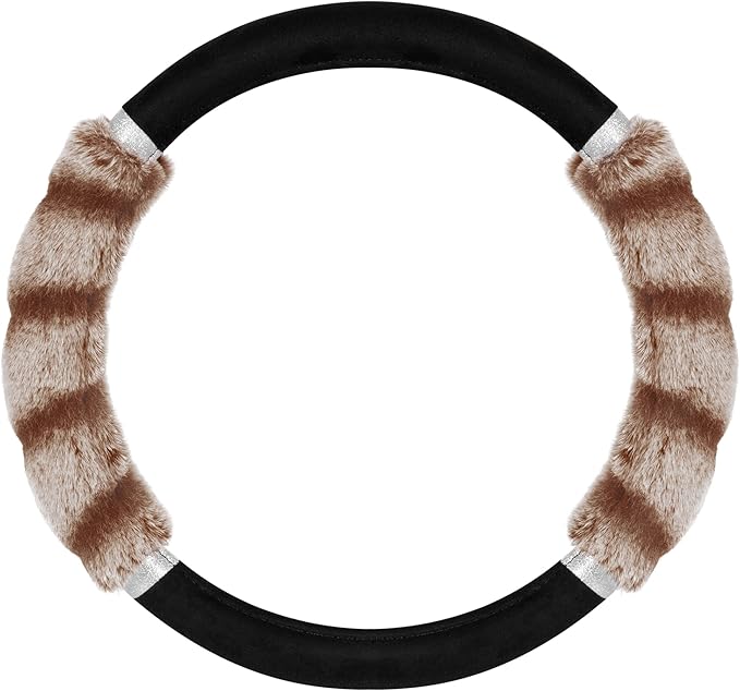 BDK Bear Fur Steering Wheel Cover, Plush Faux Fur Fuzzy Steering Cover for Car Truck Van SUV, Standard Size Fits Wheels 14.5-15 in Diameter, Two Tone Black/Brown with Glitter