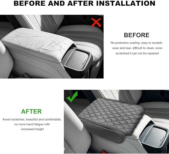 Car Armrest Cushion, Memory Foam Auto Arm Rest Box Protector with 2 Storage Bags, Waterproof Leather Center Console Cover Universal for Most Vehicles, Car Accessories (Gray)
